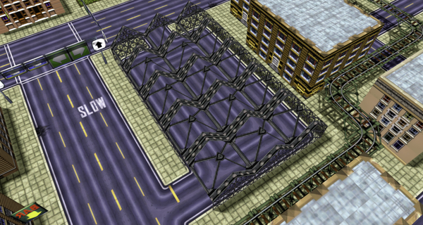 Overhead view of a military hangar with steel trusses beside city streets, from the original Grand Theft Auto